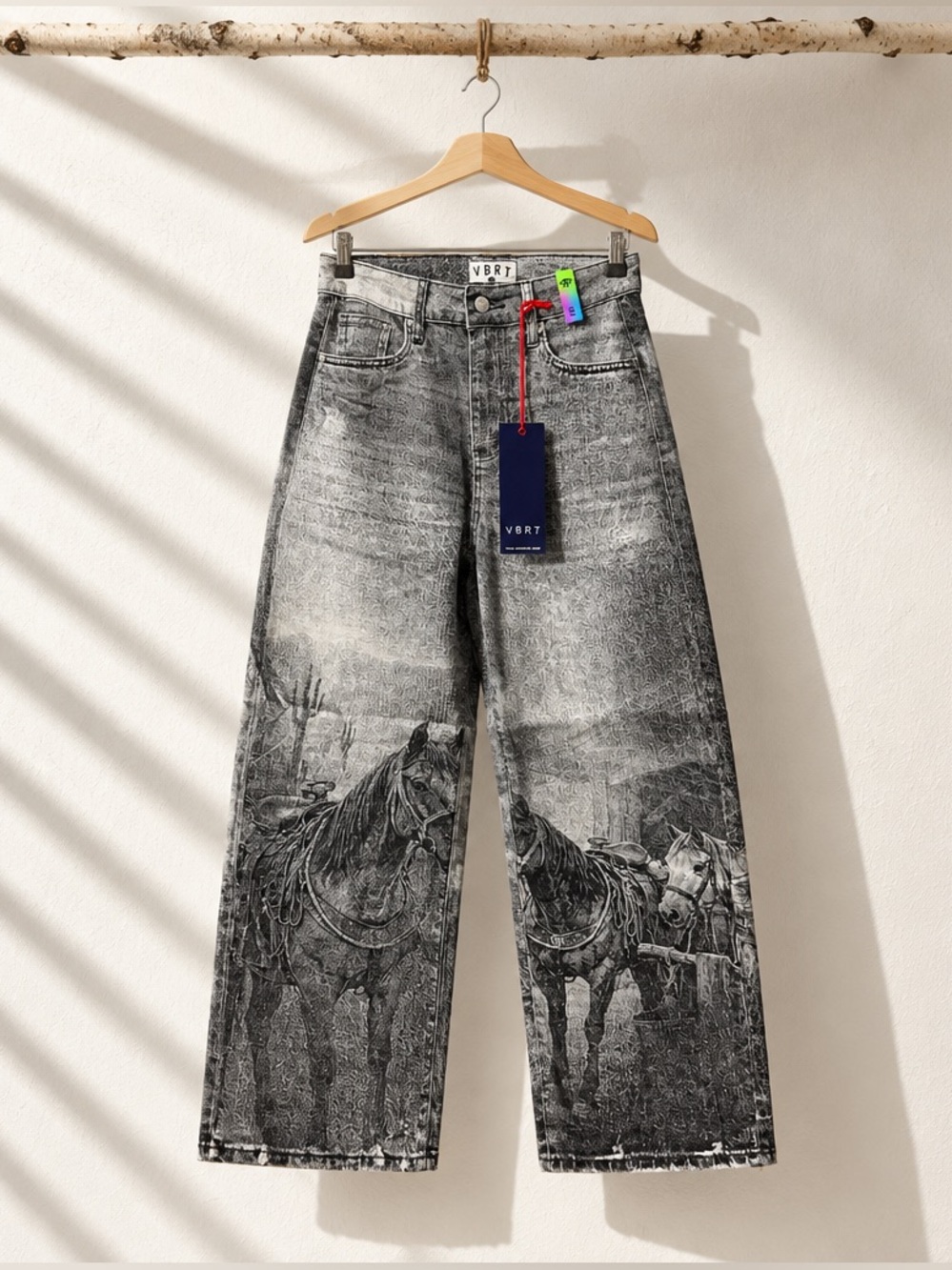 NWT Black & Gray Wide-Leg Jeans Horse Digital Print Vibrant M.i.U. Mid-Rise